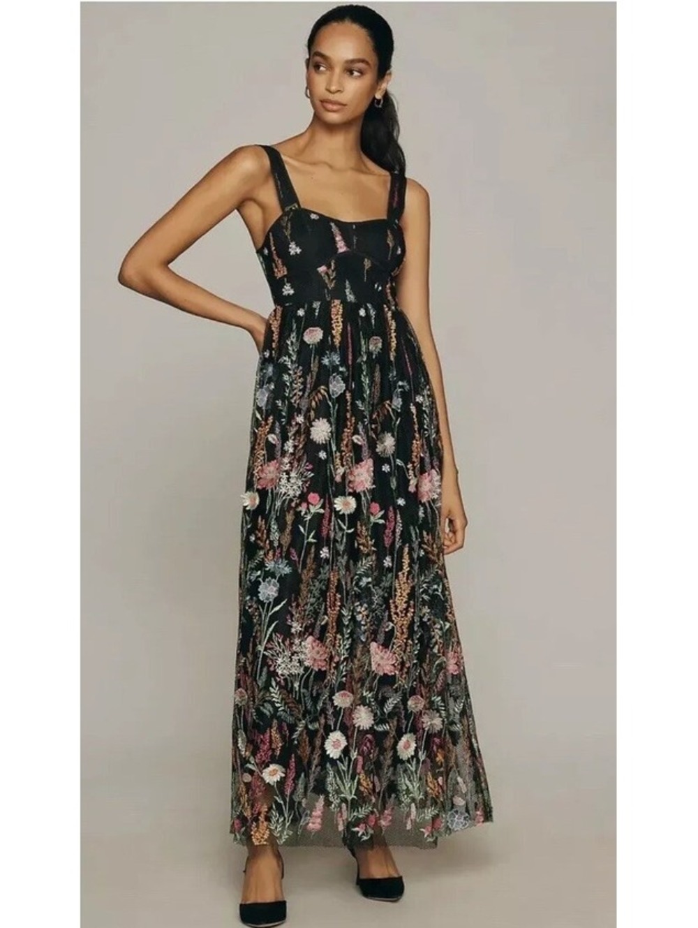 Anthropologie Sheer Floral Embroidered Mesh Dress 3-D Flowers Medium